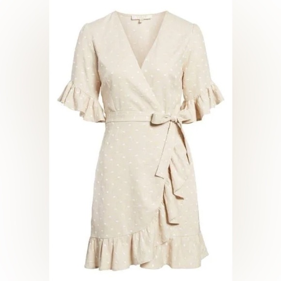 WAYF • Linen Blend Swiss Dot Wrap Dress - Picture 1 of 12